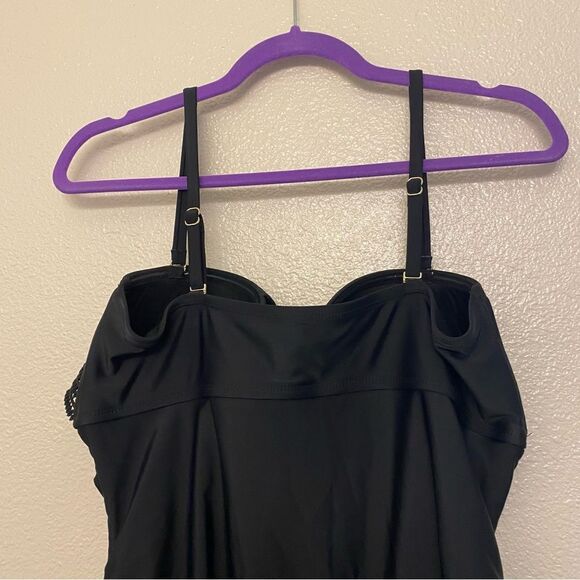 Kona Sol Black Crochet Flounce ruffle High Coverage One Piece Swimsuit L - Picture 5 of 11